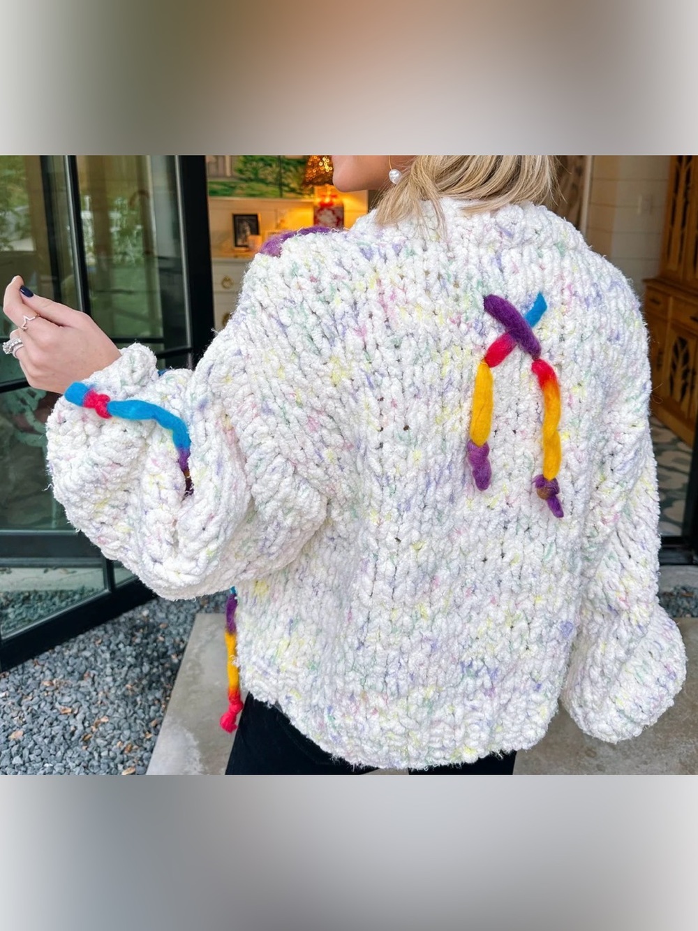 POL Chunky White Pop-Color Fringe Cardigan - Picture 3 of 3